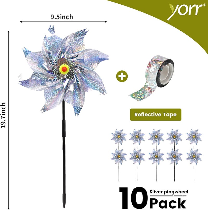 yorr 10Pack Pinwheels for Yard and Garden, Reflective Pinwheels to Scare Birds Away, Sparkly Sliver Pin Wheels with Bird Scare Tape for Outside (Pack of 10) - Image 2